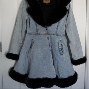 Denim Coat with Black Fur Trim